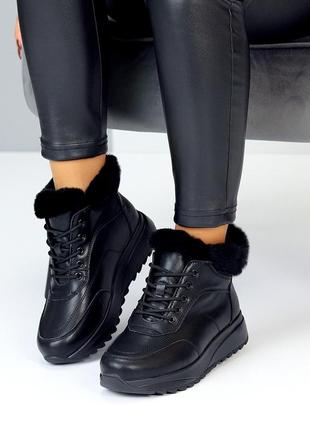 Стильні зимові шкіряні кросівки чорного кольору, утеплені кросівки на шнурівці6 фото