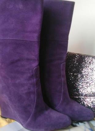 Сапоги женские замшевые фиолетовые стильные деми танкетка4 фото