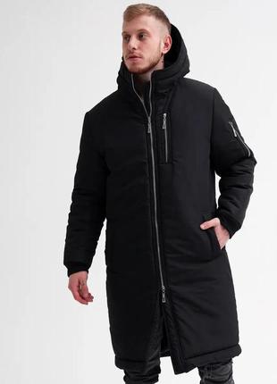 Чоловіча куртка зимова подовжена до -25*с тепла сніговик чорна | парка з капюшоном довга | пальто зима