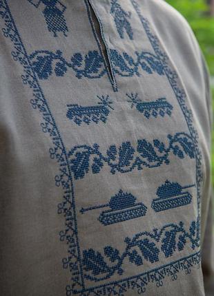 М-5хл лляна чоловіча хакі сорочка, сучасна вишиванка з військовим візерунком2 фото