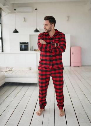 Пижама мужская в клетку фланелевая nelle черно-белая | мужской домашний комплект рубашка штаны7 фото