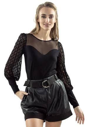 Жіноча вечірня блуза чорного кольору із прозорими вставками із сітки. модель ariana eldar