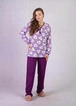 Теплая женская пижама начес сердца фиолетовые