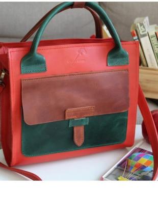 Жіноча сумка червона з зеленим і коричневим зі шкіри крейзі хорс1 фото