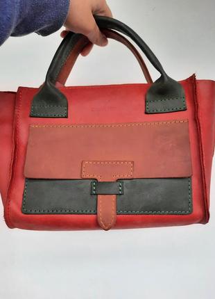 Жіноча сумка червона з зеленим і коричневим зі шкіри крейзі хорс2 фото