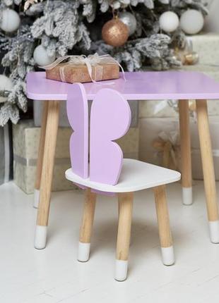Фіолетовий прямокутний столик і стільчик дитячий метелик із білим сидінням. фіолетовий дитячий столик9 фото