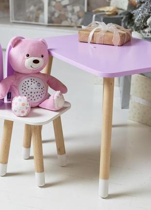 Фіолетовий прямокутний столик і стільчик дитячий метелик із білим сидінням. фіолетовий дитячий столик8 фото