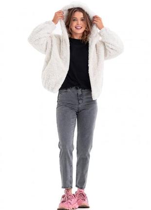 Бомпер женский шерстяной, демисезонный и теплая зима, куртка с капюшоном, светлая молочная4 фото