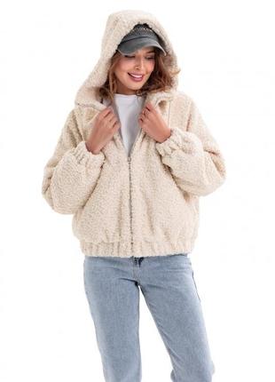 Бомпер женский шерстяной, демисезонный и теплая зима, куртка с капюшоном, бежевая3 фото