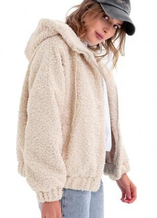 Бомпер женский шерстяной, демисезонный и теплая зима, куртка с капюшоном, бежевая2 фото