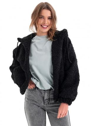 Бомпер женский шерстяной, демисезонный и теплая зима, куртка с капюшоном, черный5 фото
