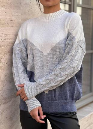 Теплый вязаный свитер косы, шерсть с акрилом. вязаный свитер косы 42-508 фото