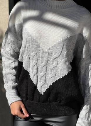 Теплый вязаный свитер косы, шерсть с акрилом. вязаный свитер косы 42-504 фото