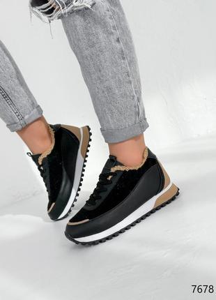 Стильные черные зимние женские кроссовки, эко-кожа/эко-мех,женская обувь на зиму 20242 фото