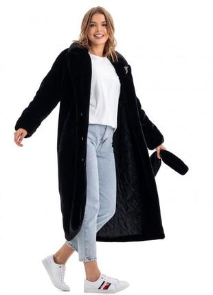 Шуба жіноча утеплена довга, дизайнерська брендова, з поясом, з прикрасою брошка, чорна5 фото