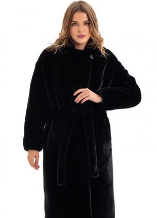 Шуба женская утепленная длинная, дизайнерская брендовая, с поясом, с украшением брошь, черная
