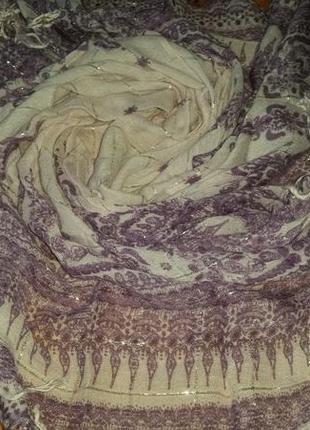 Красивый сиреневый платок с люрексом и бахромой , хлопок, 82х937 фото