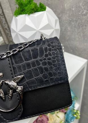 Женская замшевая черная сумка с птичками в стиле пинко принт рептилия крокодил6 фото