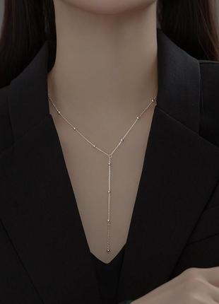 Кольє срібне краватка, ланцюжок з маленькими кульками в стилі мінімалізм, срібло 925 проби, 44+5.5 см