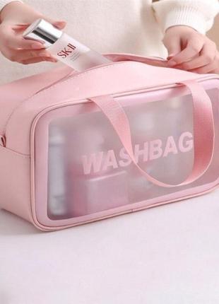 Жіноча косметичка washbag органайзер з двома ручками середня рожева3 фото