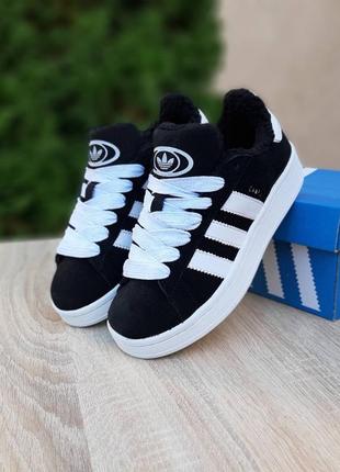 Зимние женские кроссовки adidas campus black white winter fur черные с белым с мехом