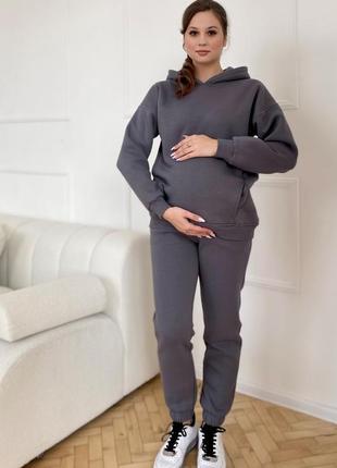 Теплый спортивный костюм на флисе для беременных и кормящих, графитовый2 фото