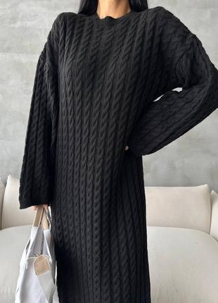 Вязаное черное платье-туника премиум туречка ⚜️ долгое теплое вязаное платье оверсайз7 фото