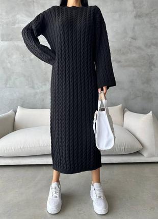 Вязаное черное платье-туника премиум туречка ⚜️ долгое теплое вязаное платье оверсайз4 фото