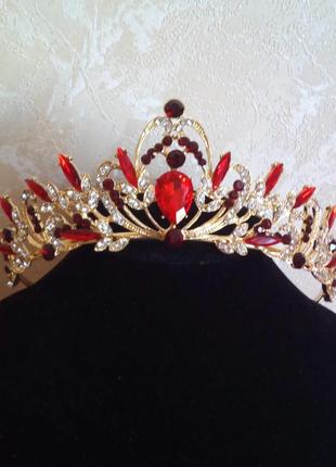 Діадема корона під золото з червоними камінцями,  висота 5 см
