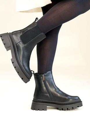 Трендовые черные зимние женские ботинки челси, массивная подошва, кожаная/кожа-женская обувь на зиму3 фото