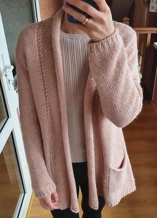 Шерстяний теплий в'язаний кардиган. рожевий в'язаний кардиган кофта накидка one size
