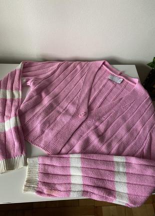 Кардиган рожевий теплий светр короткий кардиган в полоску3 фото
