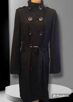 Красивое женское стильное пальто длинное черное прямого кроя двубортное шерсть вискоза