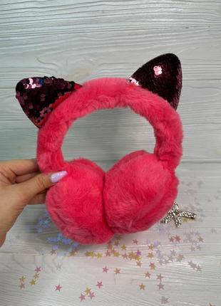Теплі хутряні навушники дитячі з вушками колір кораловий декор червоні двосторонні паєтки (44-52 см)
