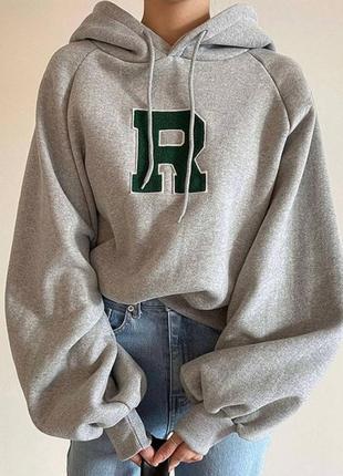Худи на флисе с объемными рукавами с принтом спереди оверсайз толстовка с капюшоном серый коричневый спортивный теплый трендовый