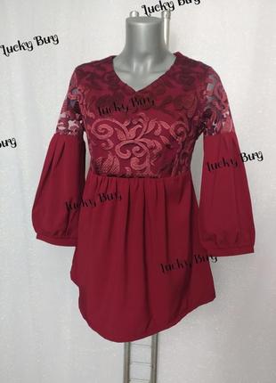 Жіноча блуза бордо з мереживом.1 фото