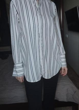 Сатиновая рубашка атласна блузка в полоску шовкова рубашка оверсайз подовжена
