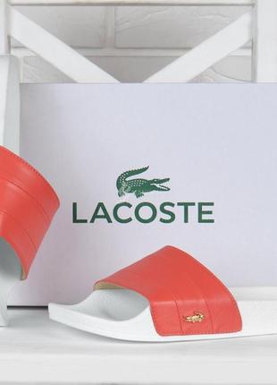 Шлепанцы женские кожаные lacoste living coral коралловые на белой подошве2 фото