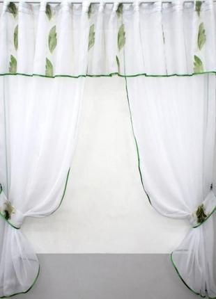 Комплект штор на кухню, балкон (290х170см) з ламбрекеном. колір білий з салатовим