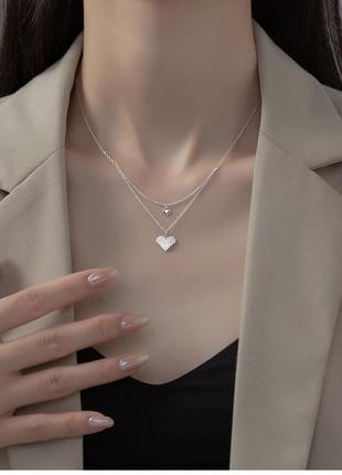 Подвеска серебряная двойное пиксельное сердце, цепочка с двумя кулонами, серебро 925 пробы, длина 40+5 см