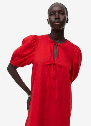 Оригинальное женское льняное платье миди красного оранжевого цвета h&amp;m.m, l, xl.