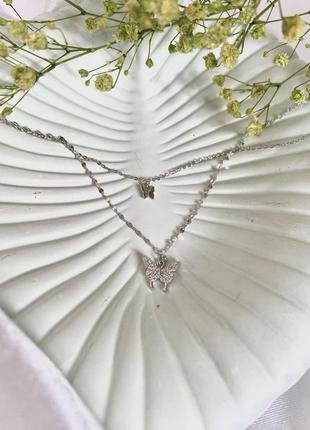 Цепочка серебряная двойная с кулонами бабочки из фианитов, двойная подвеска, серебро 925 пробы,длина 35+4.5 см4 фото