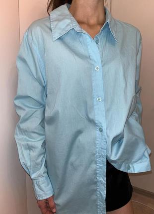 Бирюзовая рубашка хлопковая оверсайз s-m блуза1 фото