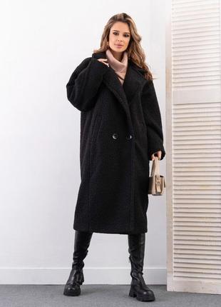 Свободное черное пальто из букле2 фото