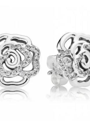 Серебряные серьги роза пандора серебро 925 сережки pandora