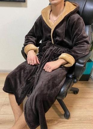 Чоловічий халат "velours" коричневий + бежевий велюровий 2xl