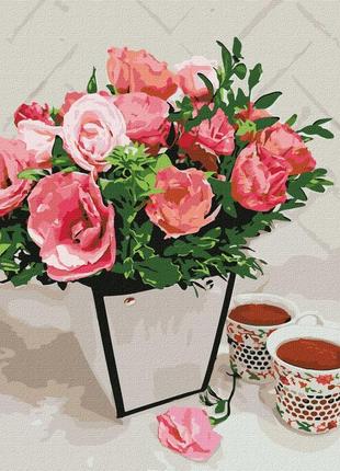 Картина по номерам букет цветов и чай 40*40 см идейка kho3107 2024