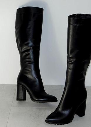 Сапоги демисезон женские кожаные на каблуке натуральные чёрные 38р3 фото