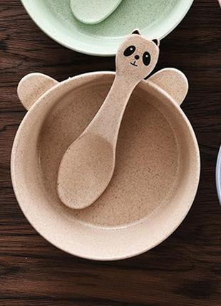 Тарелка с ложкой lesko a228 panda beige из пшеничной соломы для детей "gr"2 фото