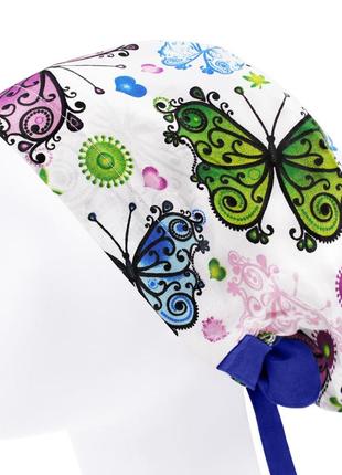 Медицинская шапочка шапка женская тканевая хлопковая многоразовая принт бабочки3 фото